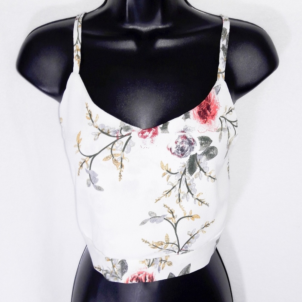 White & Pink Floral Tie Waist Sleeveless Crop Top - Picture 3 of 8